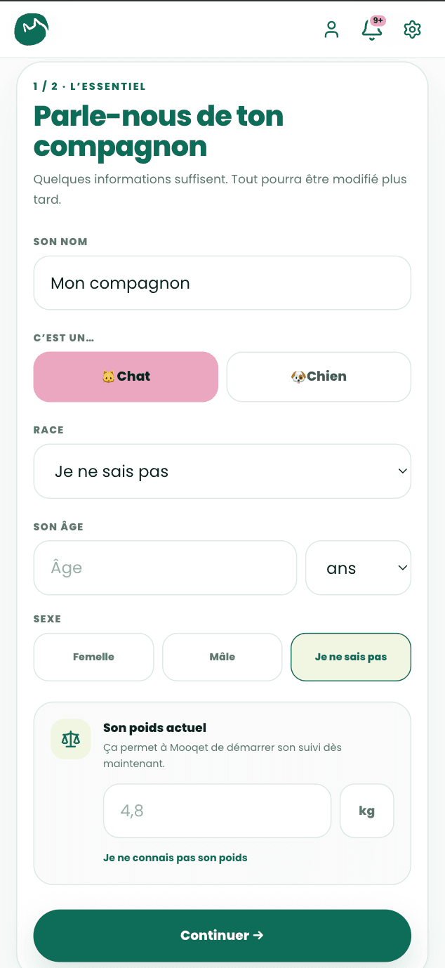 Écran Mooqet de création du profil de l’animal