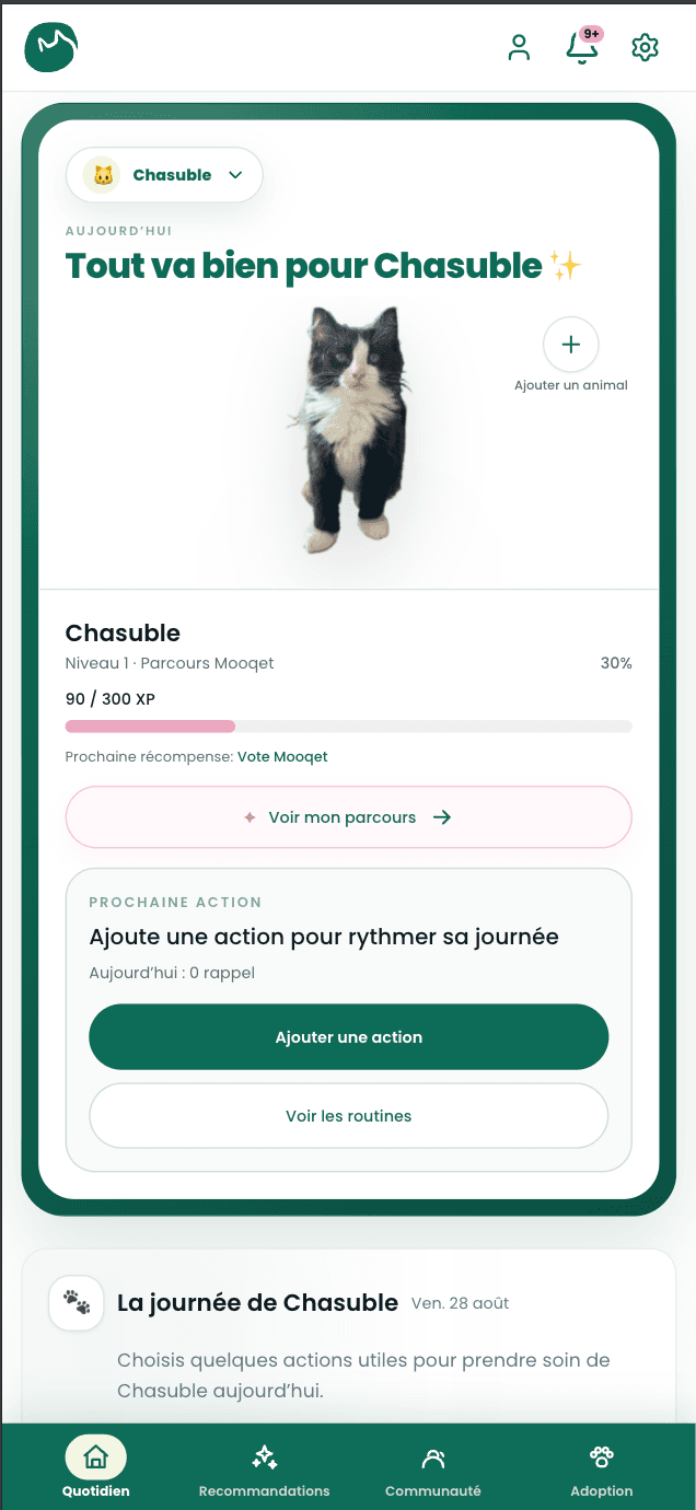 Dashboard Mooqet du quotidien de l’animal