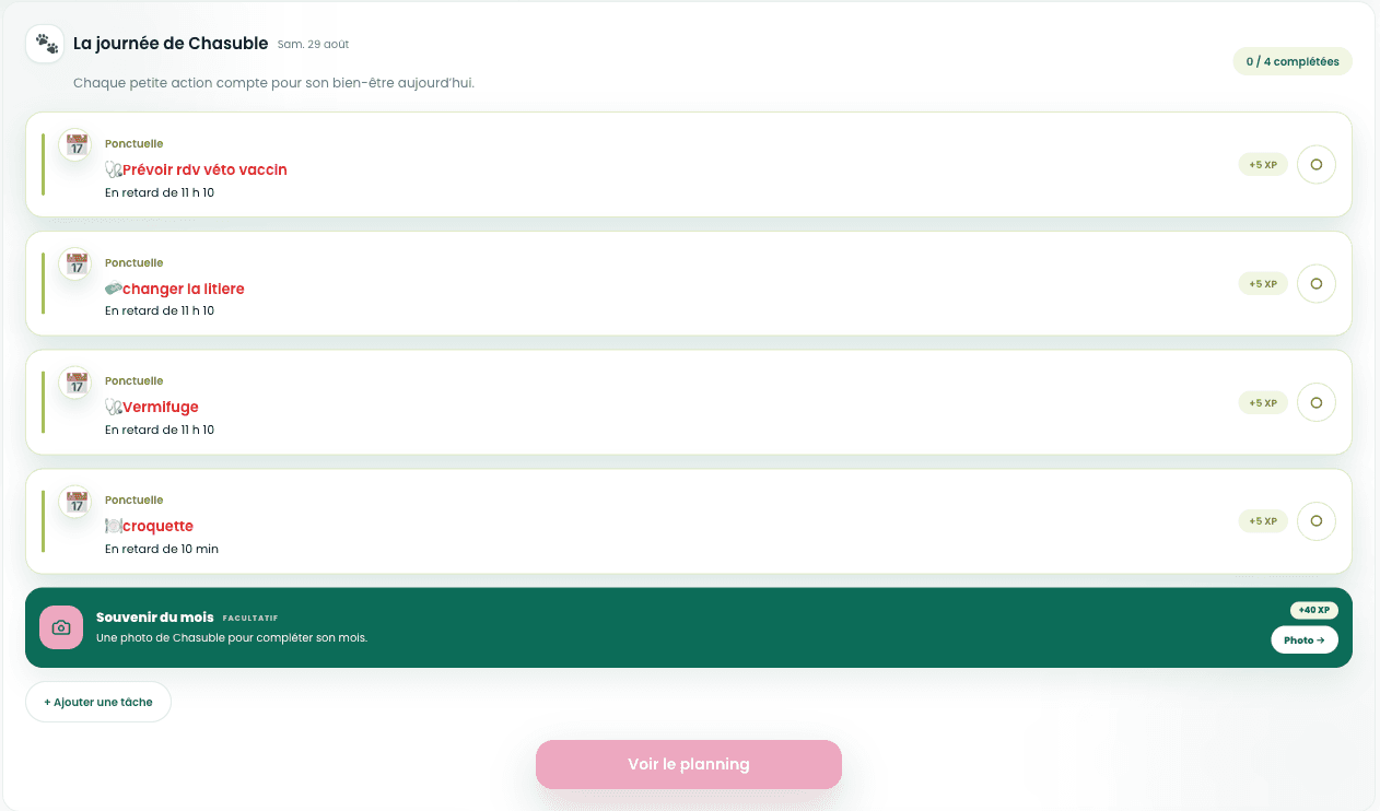 Interface Mooqet des tâches quotidiennes partagées de l’animal